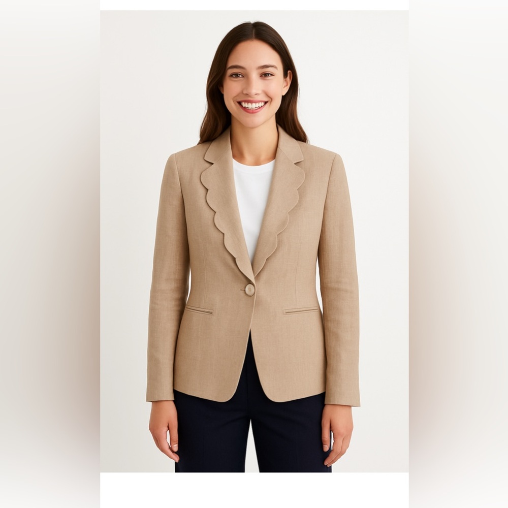J. Crew Tan Linen Scalloped Trim Blazer 4